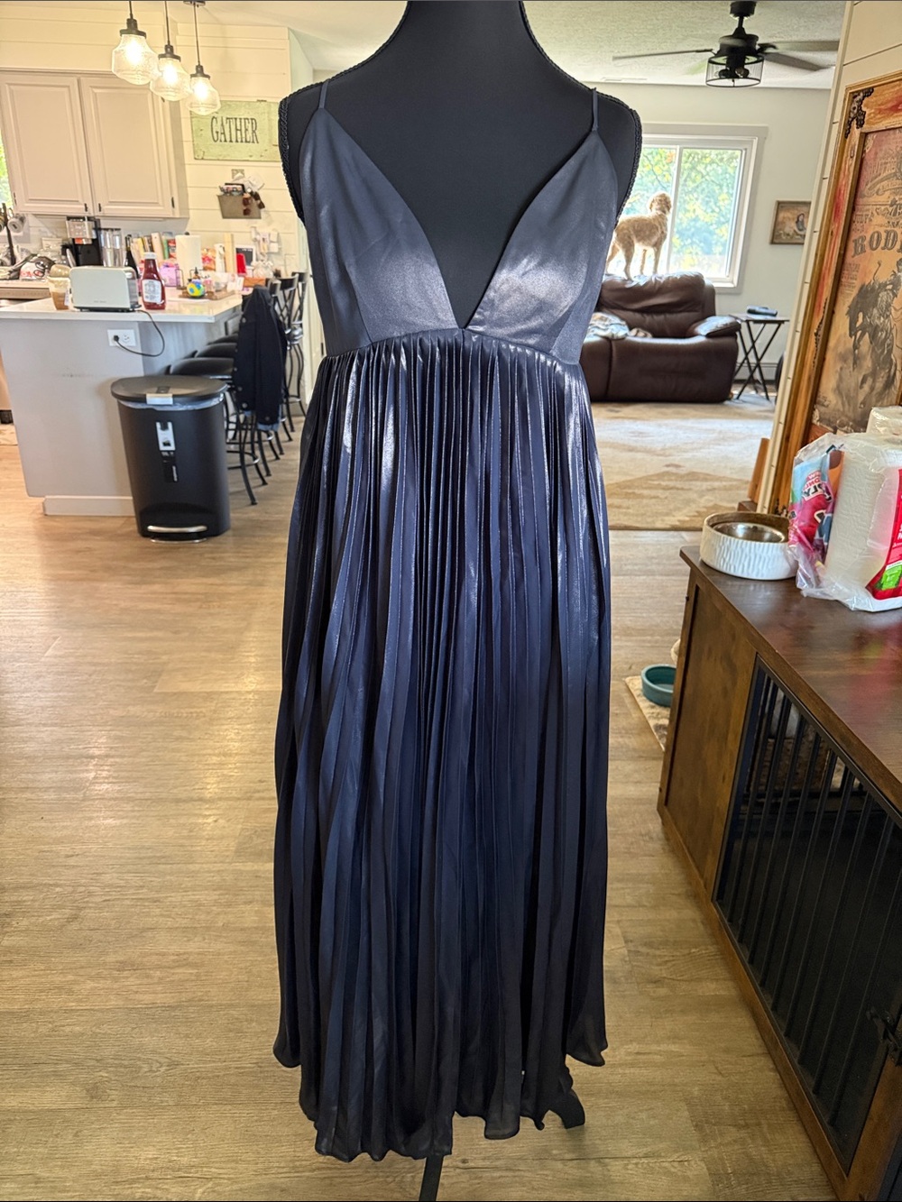 Anthropologie Navy Satin Pleated Crepe Maxi Dress